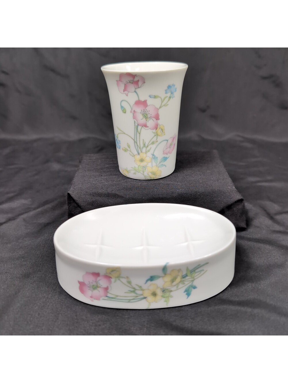 Shibata Japan Vintage Porcelain Soap Dish & Cup Set Pastel Pink Floral Poppy